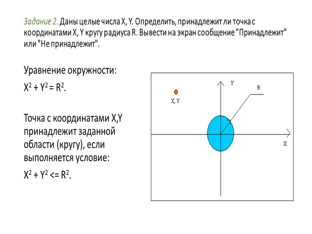 Задание 2. Даны целые числа X, Y. Определить, принадлежит ли точка с координатами X,